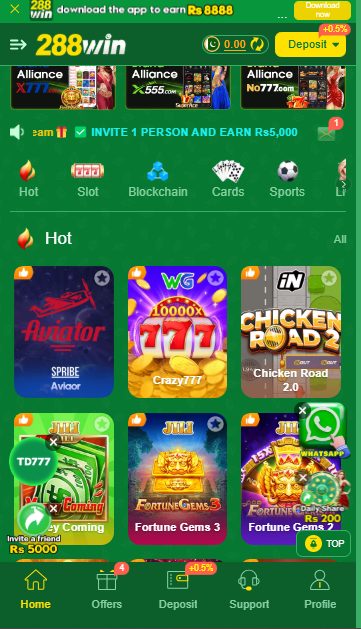 Dashboard of the 288win casino game apk