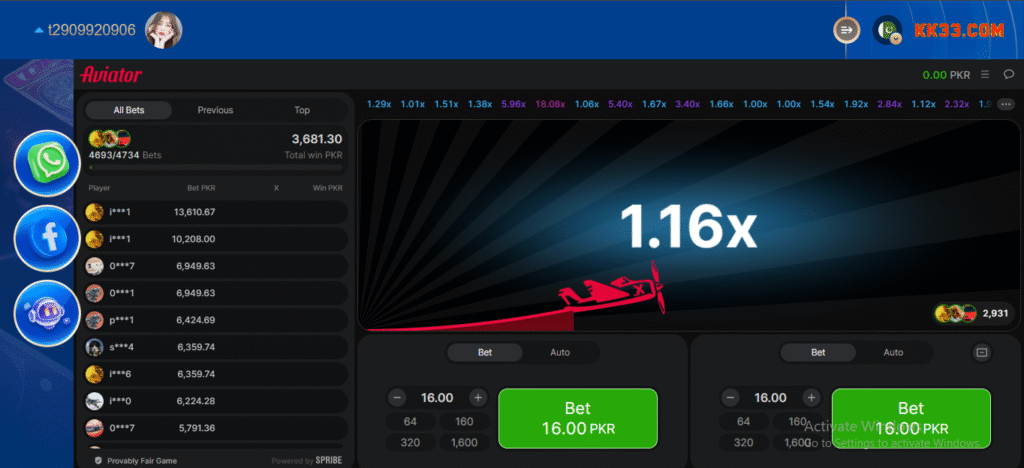 Screenshot during playing aviator