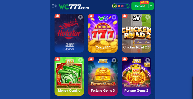 Interface of the WC777 Cassino Application