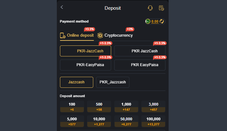 Deposit section of the JJ804 Game APK