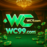 WC99.com logo with casino theme, green and gold color scheme, poker chips on a table, and slot machines in the background.