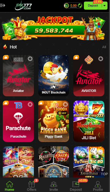 interface of PK177 Casino APK 2026