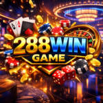 288Win Game modern casino theme feature image with glowing 3D logo, poker cards, casino chips, dice, gold coins, roulette wheel, and luxury casino background lighting.