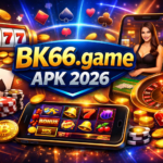 BK66 Casino mobile game feature image showing slot machine 777 symbols, poker cards, roulette wheel, dice, and smartphone casino gameplay with neon casino background.