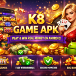 K8 Game APK feature image showing casino theme with smartphone game screen, gold coins, playing cards, dice, Android logo, and text Play & Win Real Money on Android with bonuses and secure payments.