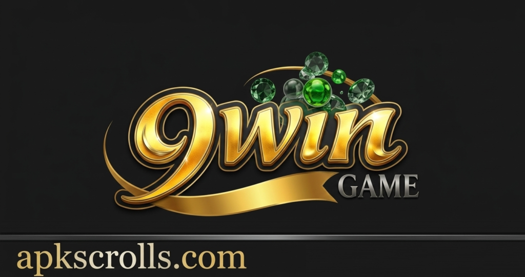 9win Game logo featuring gold typography and green gems with apkscrolls.com branding on a dark background.
