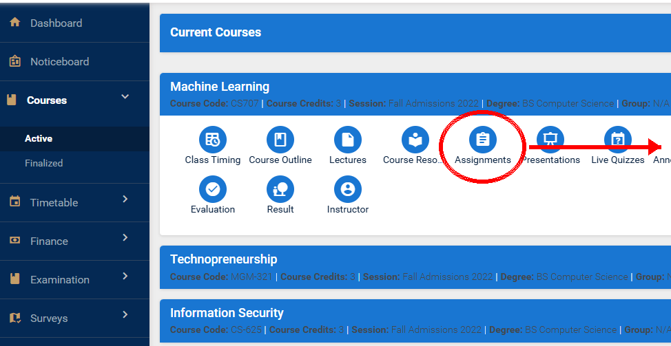 open assignment portion from the given subject or course from KIU LMS.