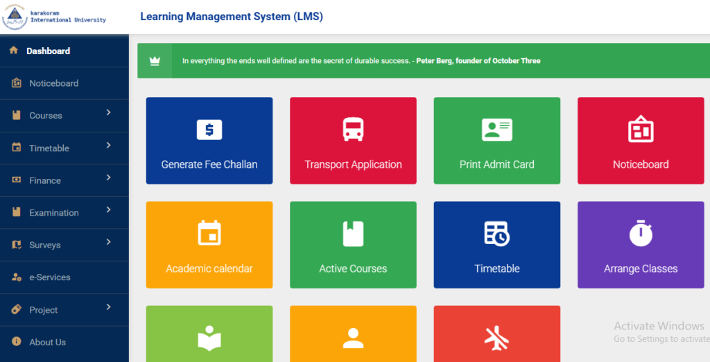 Image of the KIU Learning Management System dashboard after login, displaying the left-side navigation menu (Dashboard, Noticeboard, Courses, Timetable, Finance, Examination, Surveys, e-Services, Project, About Us) and quick-access tiles including Generate Fee Challan, Transport Application, Print Admit Card, Noticeboard, Academic Calendar, Active Courses, Timetable, and Arrange Classes.